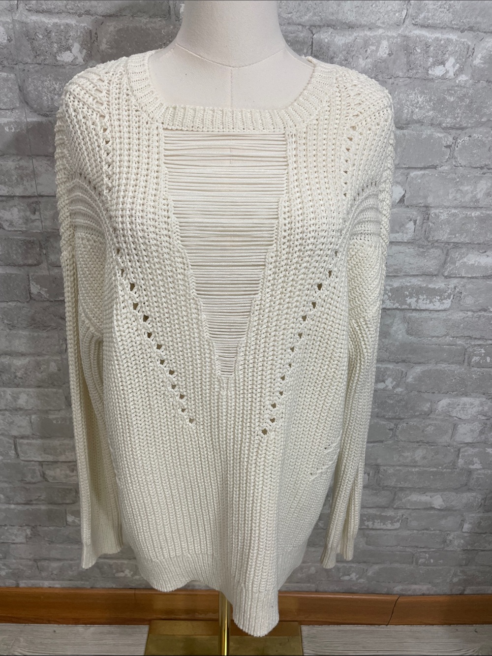 RACHEL Rachel Roy Cream Float Cable Open-Knit V-Panel Crewneck Sweater